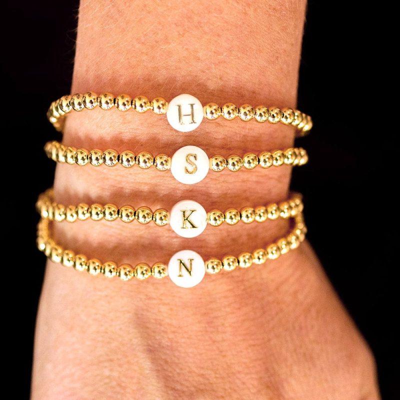 14k gold filled beaded bracelets with gold inlay letters and initials