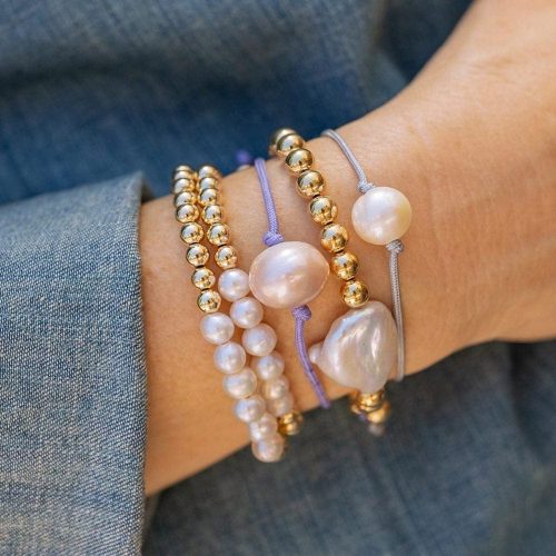 2 fabia pearl bracelets in silver and purple with 6 pearl and 14k gold filled beads bracelets plus large pearl 6mm 14k gold filled bracelet denim