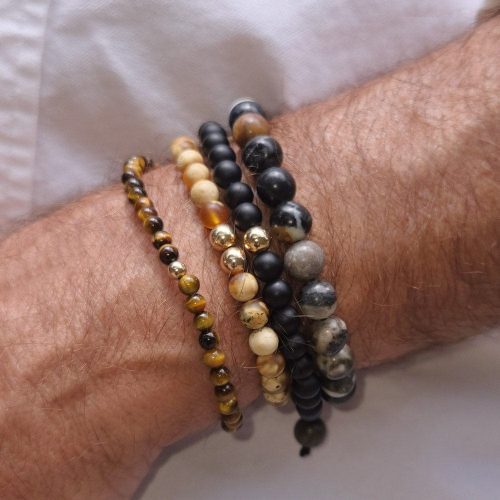 2 men s black onyx beaded bracelets stacked w agate tiger s eye beaded bracelets w 14k gold beads white shirt