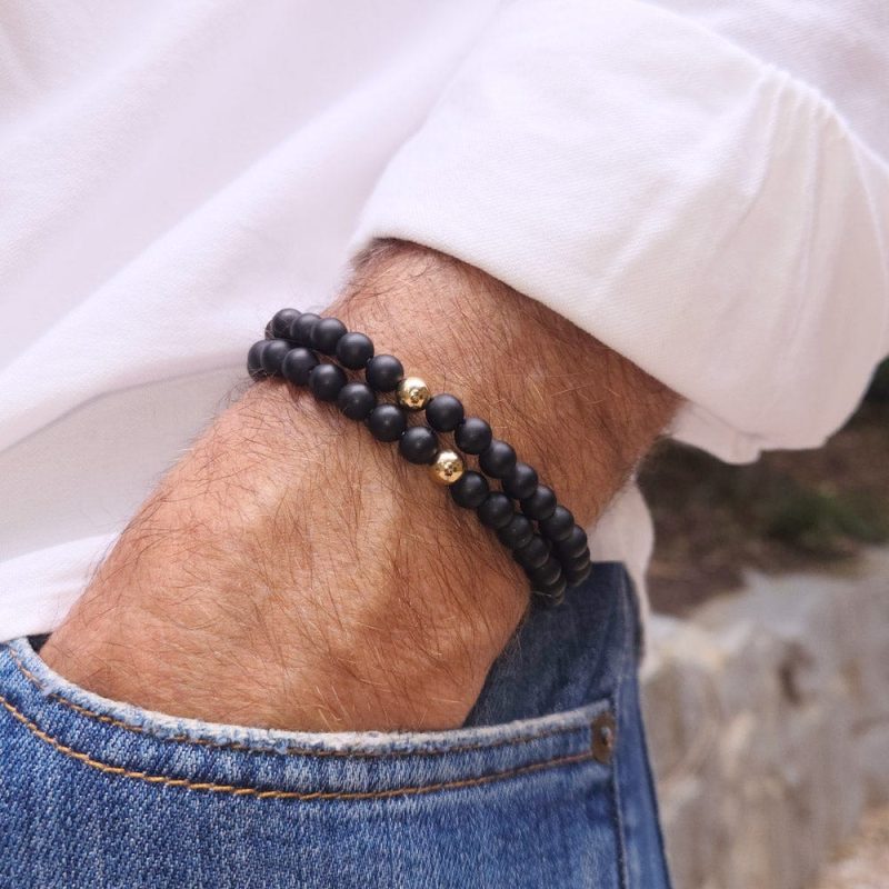 2 men s black onyx beaded bracelets w 14k gold filled bead white shirt denim sq