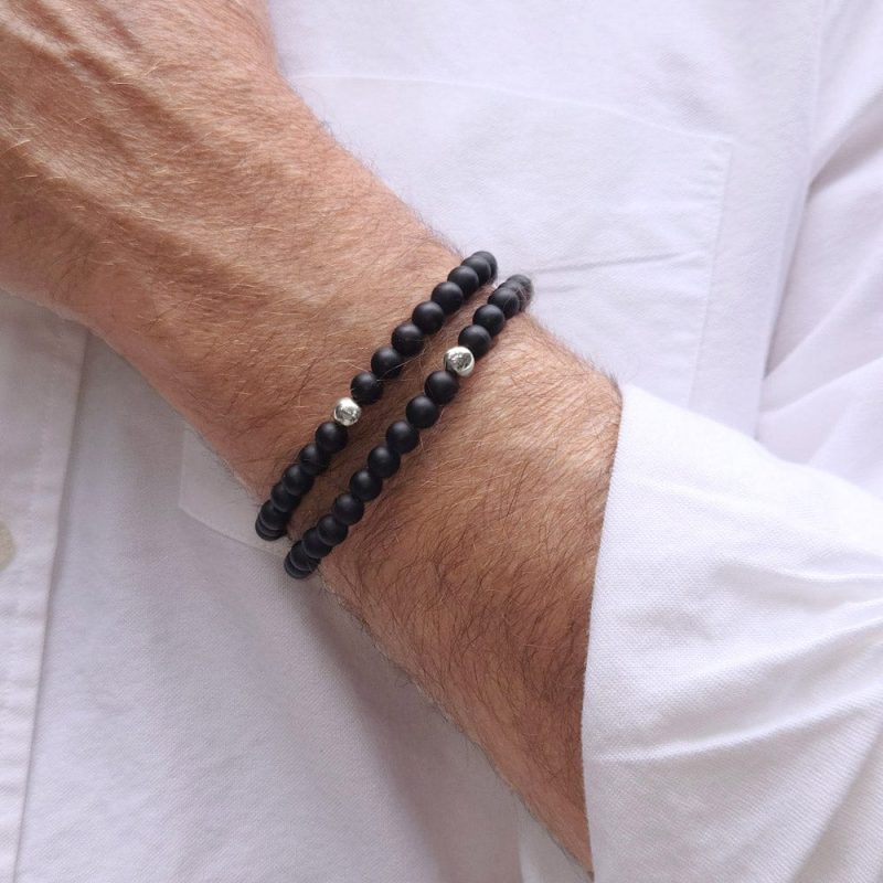 2 men s black onyx beaded bracelets w sterling silver beads white shirt denim sq