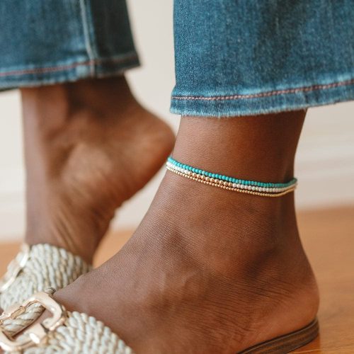 2mm 14k gold filled beaded nacklace w pear and turquoise anklets denim