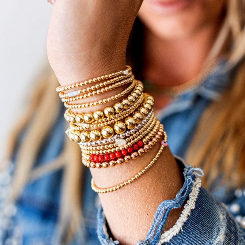 3mm 14k gold filled beaded bracelets stack w 4mm and 6mm 14k gold filled bracelets w coral beads sterling silver beaded bracelet stack neutral instafeed