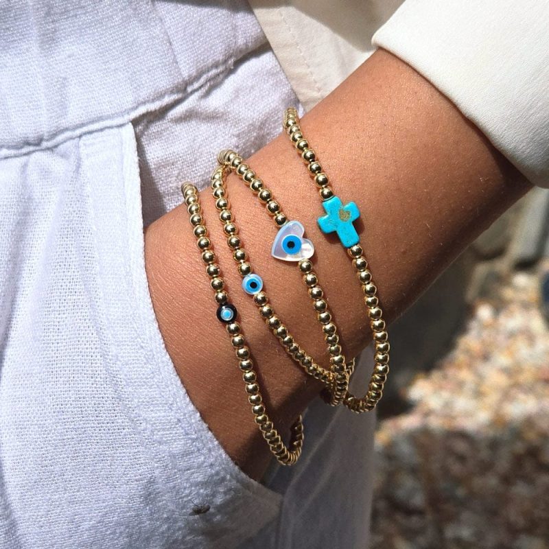 3mm 14k gold filled bracelets w hamsa evil eye heart and cross char s white