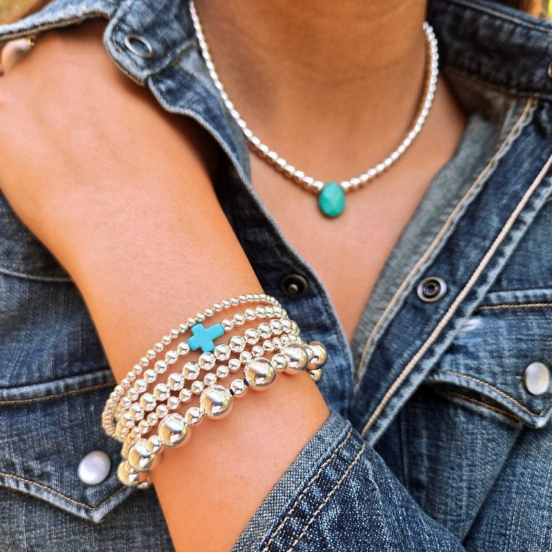 3mm 4mm 8mm sterling silver beaded stacked bracelets plus turquoise cross charm and sterling necklace w turquoise pendant denim