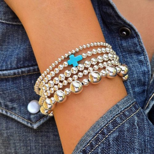 3mm 4mm 8mm sterling silver beaded stacked bracelets plus turquoise cross charm denim