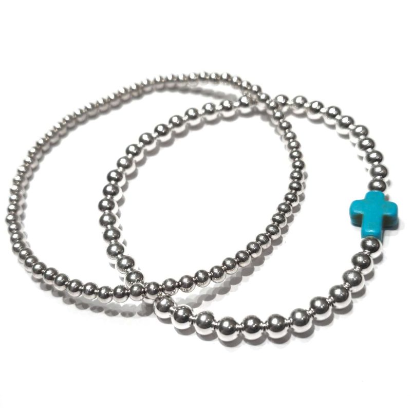 3mm sterling silver bracelet w 4mm sterling silver bracelet w turquoise cross charm stretch bracelet set amazon