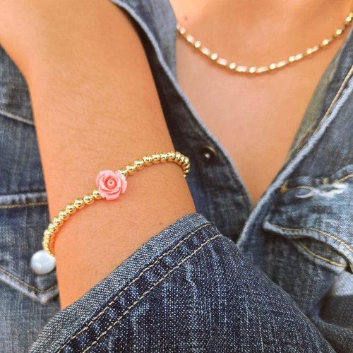 4mm 14k gold filled bead bracelet with coral rose denim gold necklace