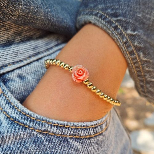 4mm 14k gold filled bead bracelet with coral rose denim square