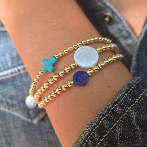 4mm 14k gold filled bracelet w blue lapis and pearl bead w 14k gold filled 3mm bracelet w turquoise cross charm denim 75144877 3038 4dea 87d5 7a9c9fb257c6