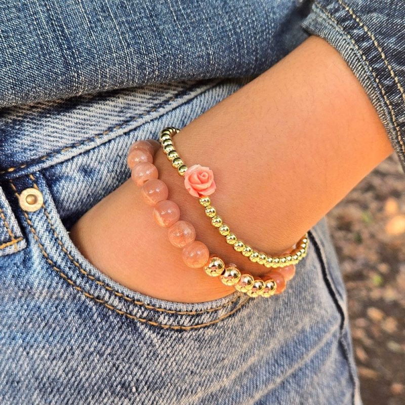 4mm 14k gold filled bracelet w coral rose and 8mm sandstone and gold stretch bracelet denim