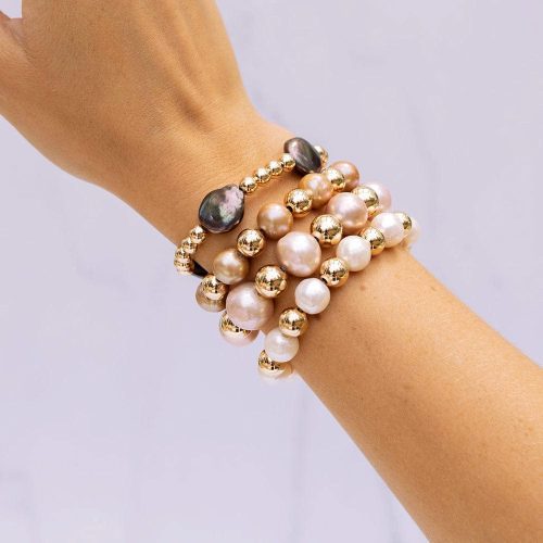 4mm 14k gold filled bracelet w large black pearls stacked w 8mm 14k gold filled bracleet w large pink pearls