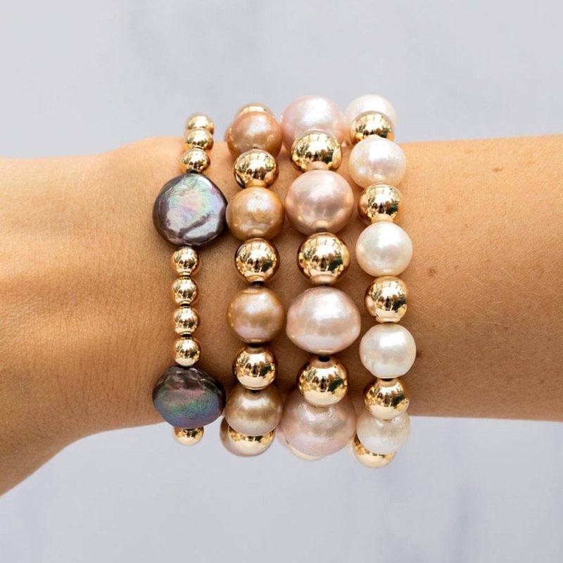 4mm 6mm and 9mm 14k gold filled bead bracelets w pearls stacked together