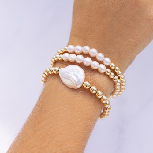 4mm and 3mm 14k gold filled beaded bracelet stack w large freshwater pearls