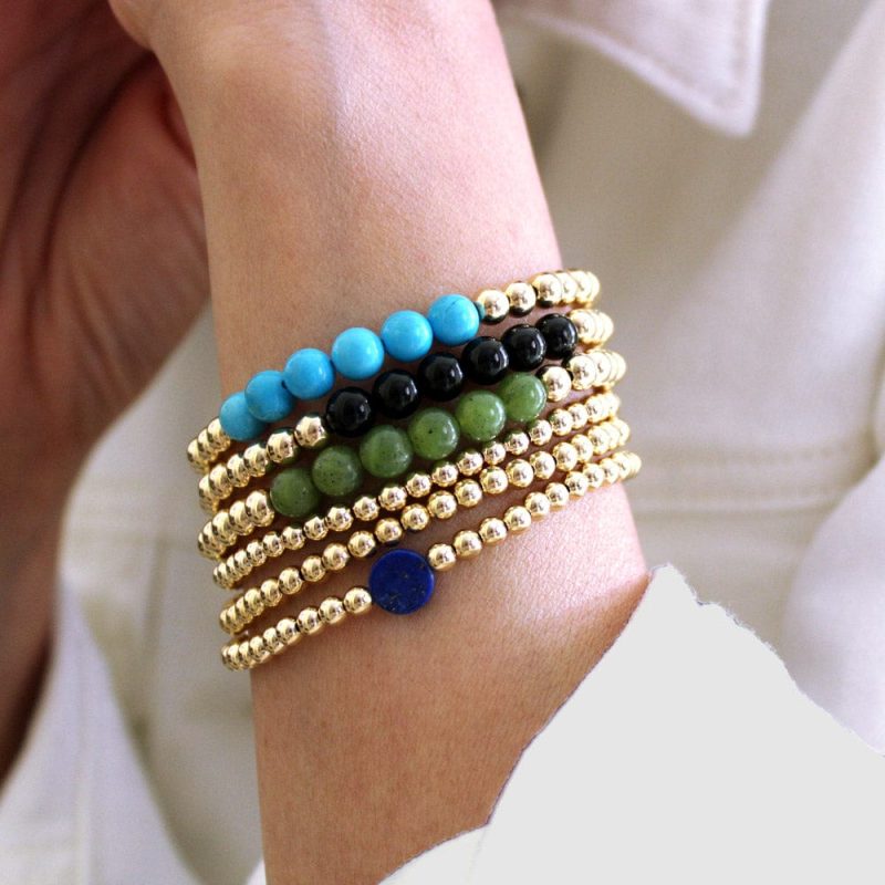 4mm and 6mm 14k gold filled bracelets w turquoise onyx and jade and lapis beads white