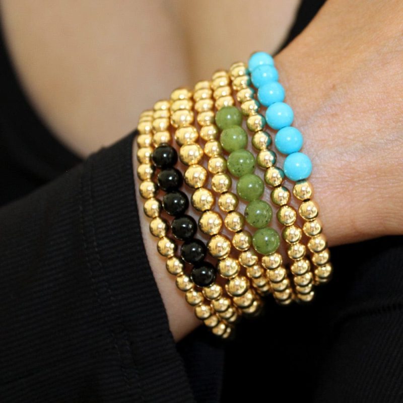 4mm and 6mm 14k gold filled bracelets w turquoise onyx and jade beads black