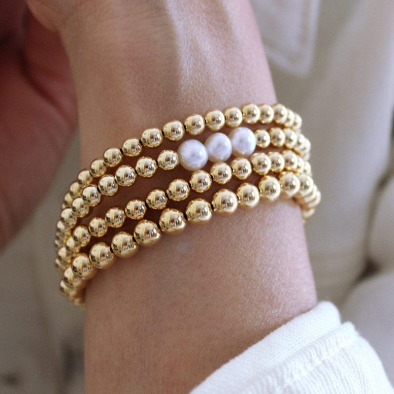 5mm 14k gold filled beaded bracelet w 3 pearls w 6mm 14k gold filled bracelets stack