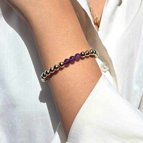 5mm 14k gold filled bracelet w amethyst white shirt