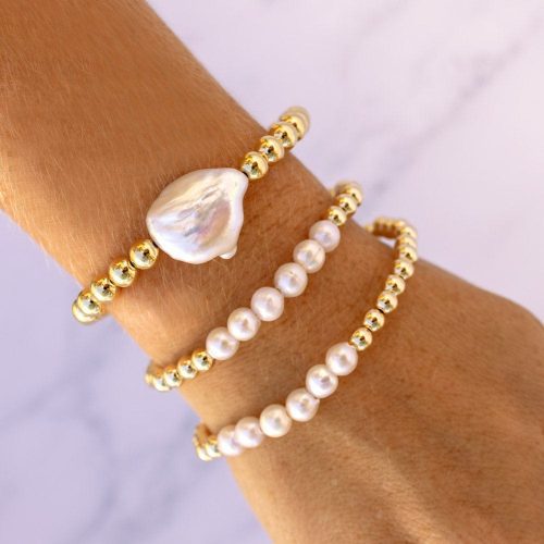 6mm 14k gold filled beaded bracelet stack w large freshwater pearls