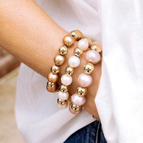 6mm 14k gold filled beaded bracelet stack w large freshwater pearls white