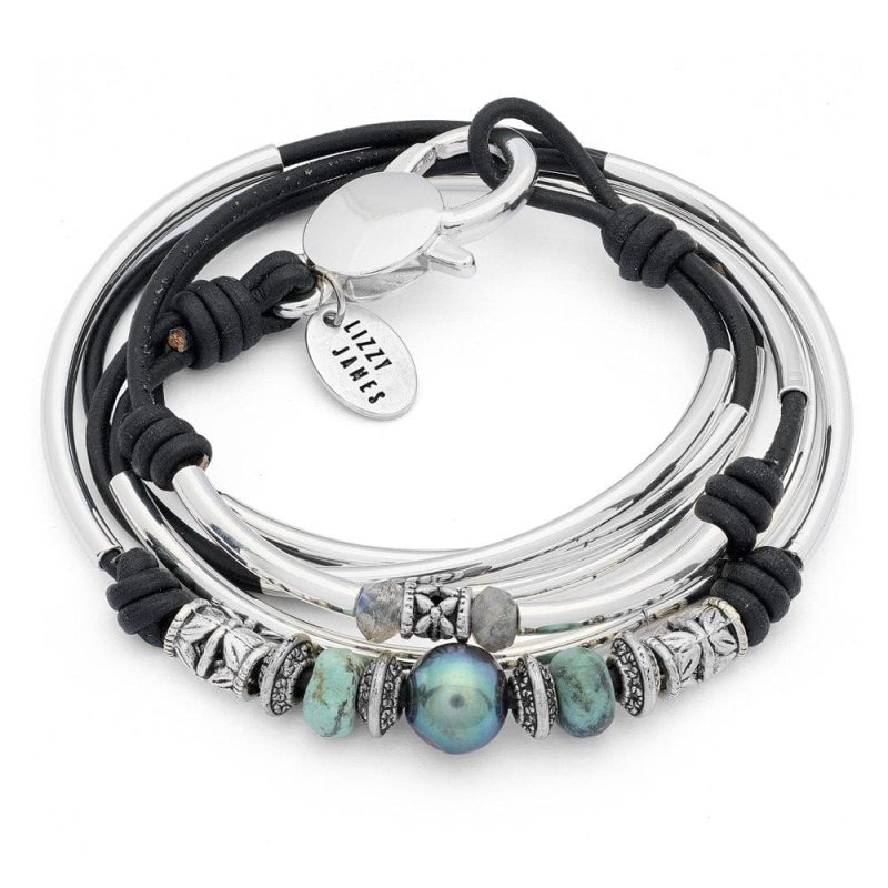 Big Sky silver and leather wrap bracelet with Semi Precious Labradorite