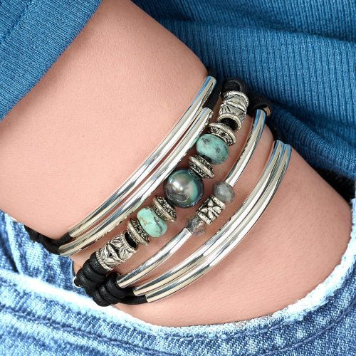 Big Sky silver and leather wrap bracelet with Semi Precious Labradorite neutral denim neutral denim