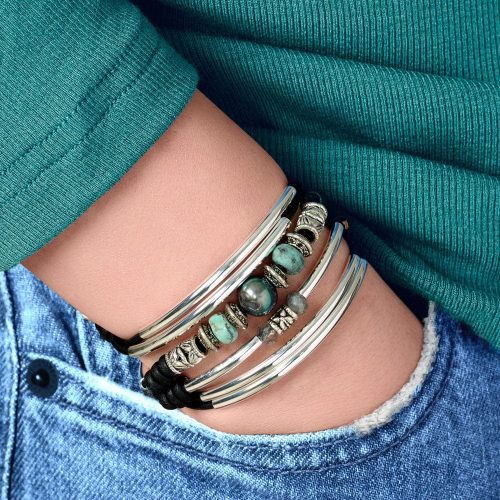 Big Sky silver and leather wrap bracelet with Semi Precious Labradorite neutral denim neutral green