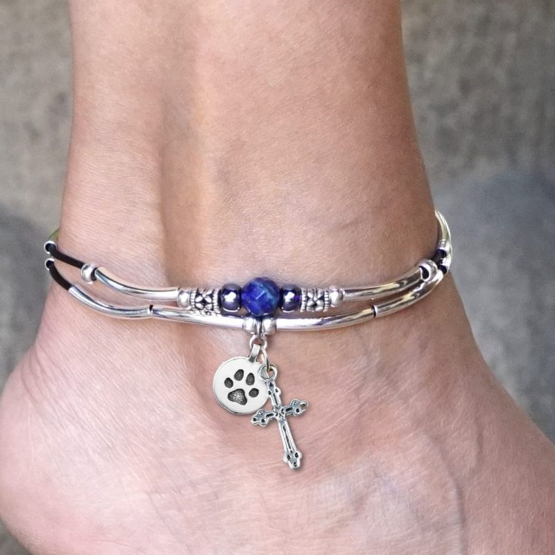 Blue Azure silver anklet with delicate cross ans round paw charm