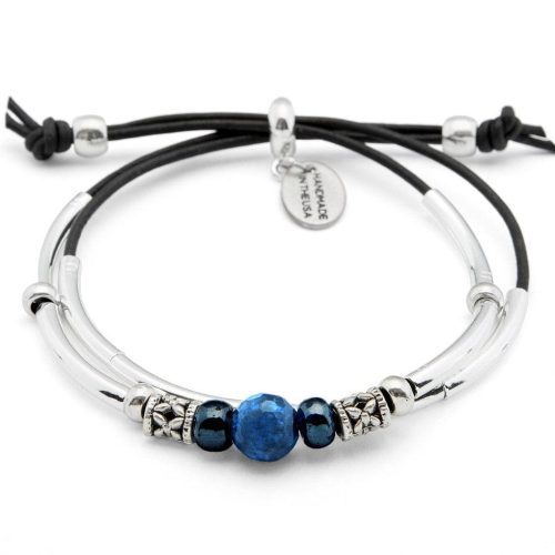 Blue Ocean silver bracelet with blue lapis darker glass beads