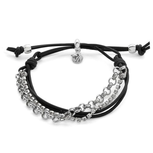 Cassidy black leather and silver bracelet with rhinestones