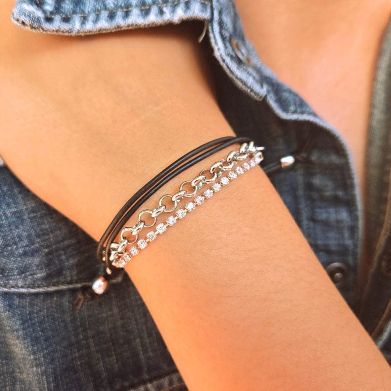 Cassidy black leather and silver bracelet with rhinestones denim