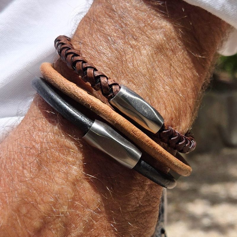 Devon men s bracelets in black and tan leather w dark brown braided leather men s bracelet white w clasps 63947c02 44fa 447b 8ae7 4a75bcf09513