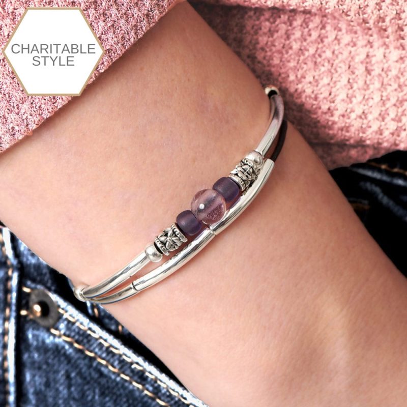 Encouragement w Semi Precious Amethyst Adjustable silver and leather Bracelet charitable style