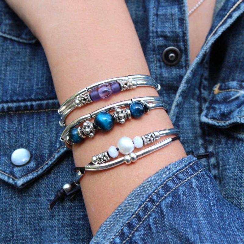 Encouragement w Semi Precious Amethyst Adjustable silver and leather Bracelet w crystal water moonstone silver bracelet and clarity tigers eye bracelet denim