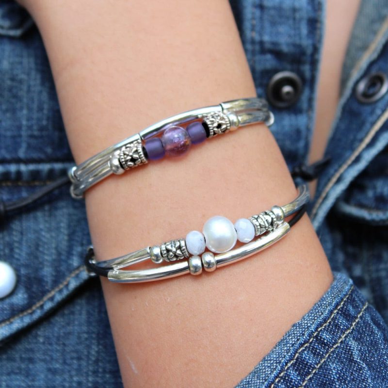 Encouragement w Semi Precious Amethyst Adjustable silver and leather Bracelet w crystal water moonstone silver bracelet denim