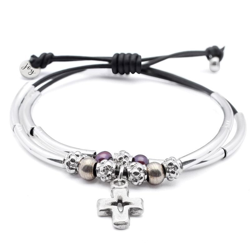 Faith Adjustable silver cross charm Bracelet w black leather