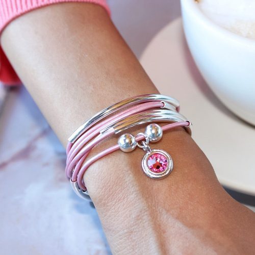 Girlfriend Wrap Bracelet in Metallic Pink Leather Pink Crystal Charm 1500x1500 1