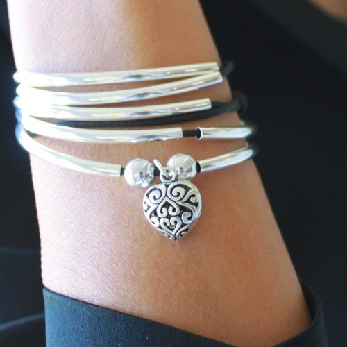 Girlfriend black leather Puffed Heart Charm Bracelet