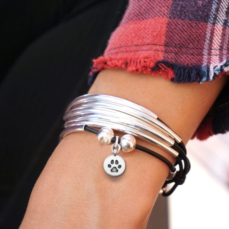 Girlfriend leather and silver wrap bracelet w paw print charm fall black red