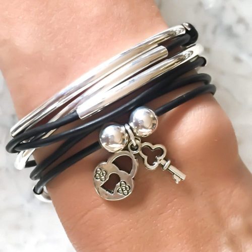 Girlfriend wrap bracelet with lock and key charm in natural black leather