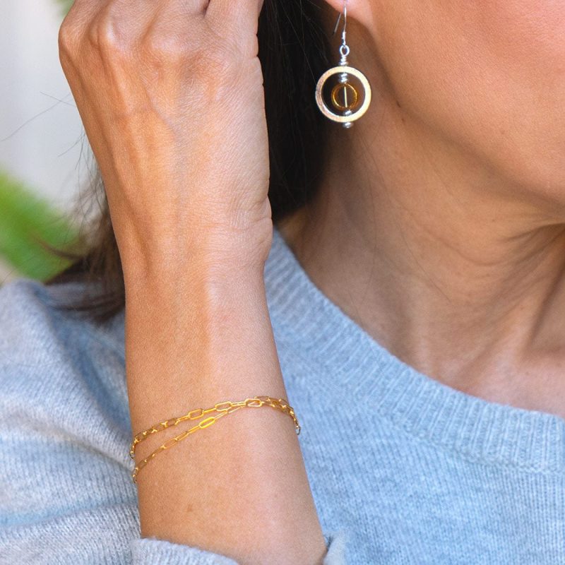 Griffin and Gwyneth stacked gold filled bracelets with moonlight earrings