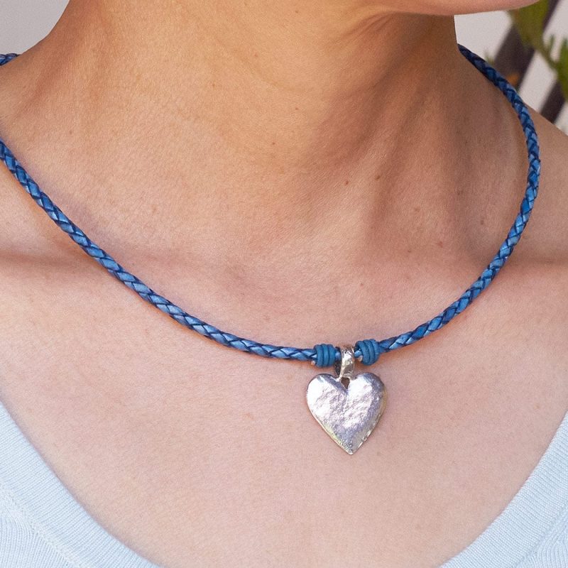 Hammered Heart pendant Silver Eternal Necklace blue shirt