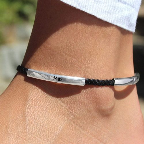 Heirloom silver Anklet Engraved black leather no symbol