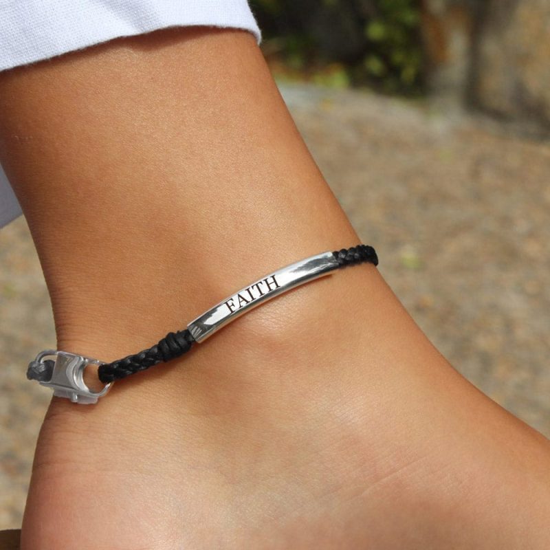 Heirloom silver and leather Anklet Engraved faith