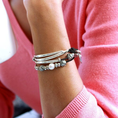 Holly black leather bracelet w pearls pink sweater