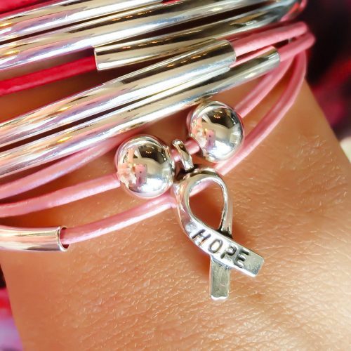 Hope Ribbon charm shown on Girlfriend Wrap in Metallic Pink2