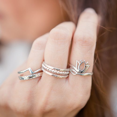 Lotus Ring Stack of thin band dotted thin band Union with hammered band with lightning