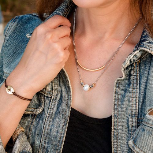 Melanie pearl and gold Necklace and Margaret Gold Cross Bracelet Denim Jacket 2