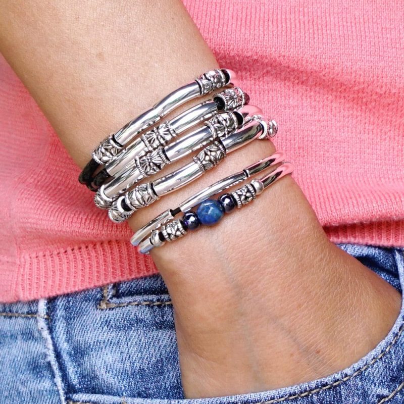 Mini Maxi black leather wrap bracelet w Blue Ocean Adjustable Bracelet Pink and Denim