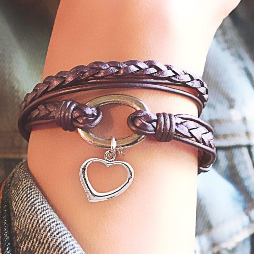 Mini Paisley met berry leather bracelet xl open heart charm